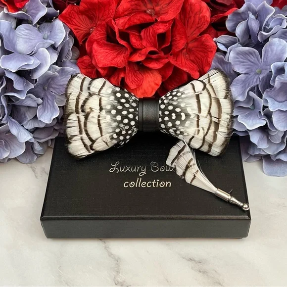 Handmade Black and White Feather Bow Tie Boutonnière Lapel Pin Set - Picture 2 of 16